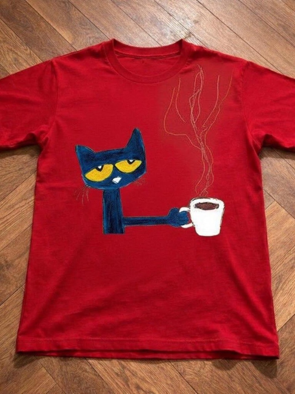 Gildan Red Tee with Navy Cat and White Coffee Graphic